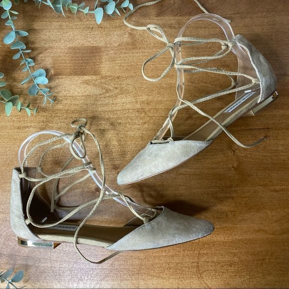 Steve Madden Sunshine Pointed Toe Nude Suede Lace-Up Ballet d’Orsay Flats 6 - Picture 4 of 13